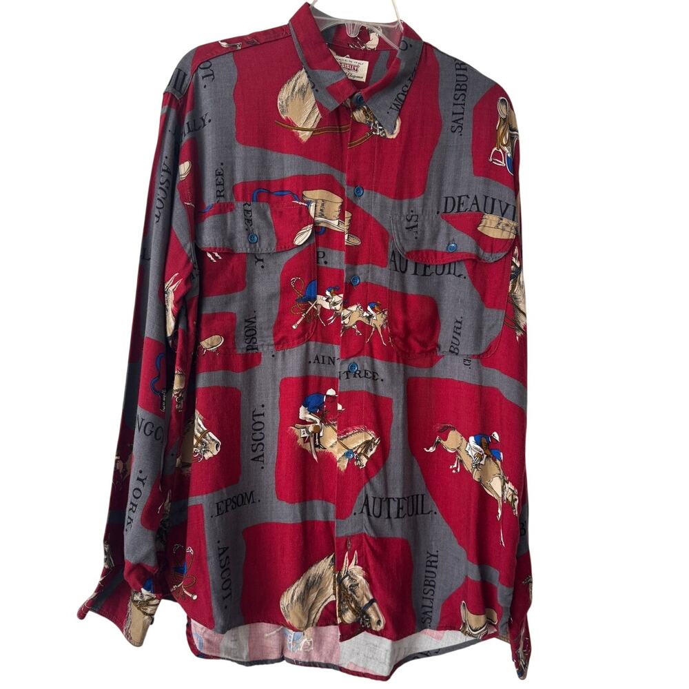 Vintage Sisley Made in Italy Equestrian Horse Print 100% Viscose Button Up Shirt